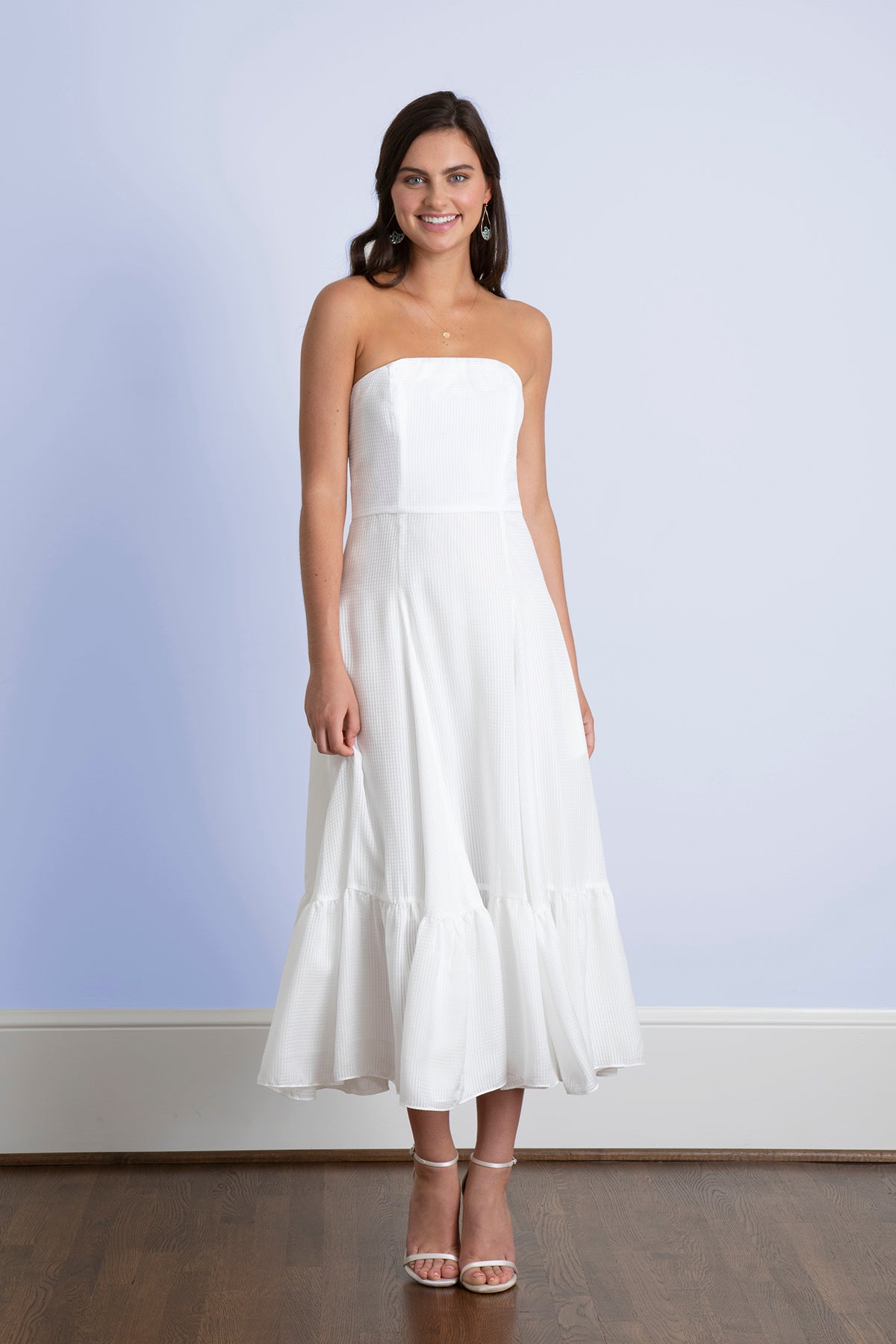 Ivie White Strapless Tea Length Rehearsal Dinner And Wedding Dress - Jane  Summers